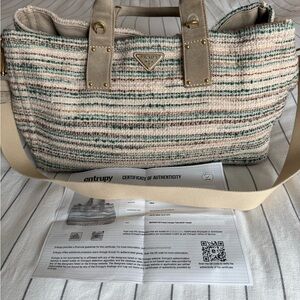 Prada Tweed Taupe/Green/ Beige Striped Large Tote Bag COA